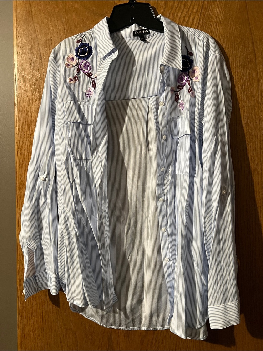 Express Light Blue Pinstripe Button-Down Shirt with Purple Floral Embroidery